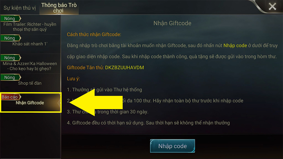 Nhập giftcode sự kiện Liên quân Mobile 20/10 ở đâu?